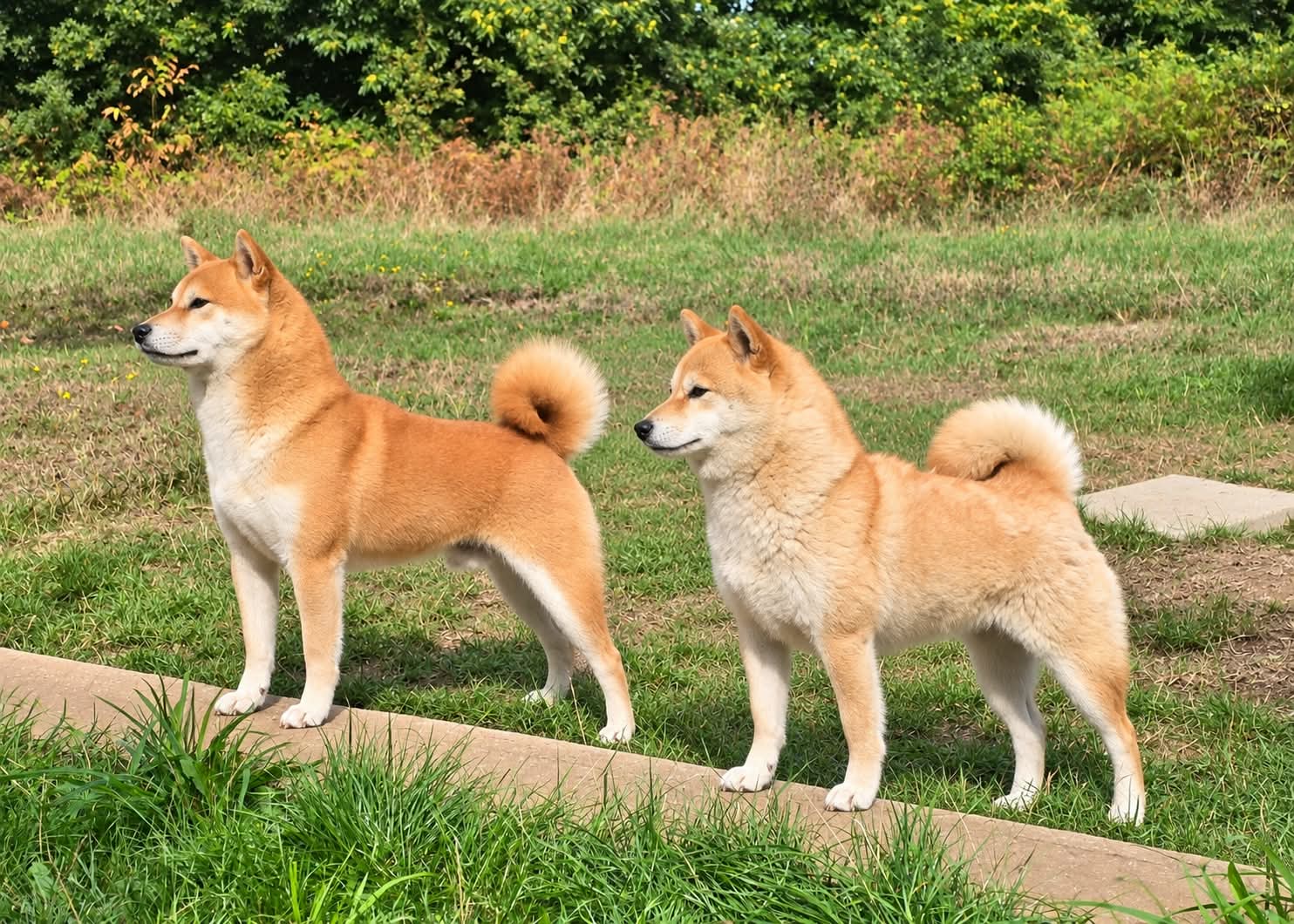 Les deux parents Shiba Inu roux dans le jardin