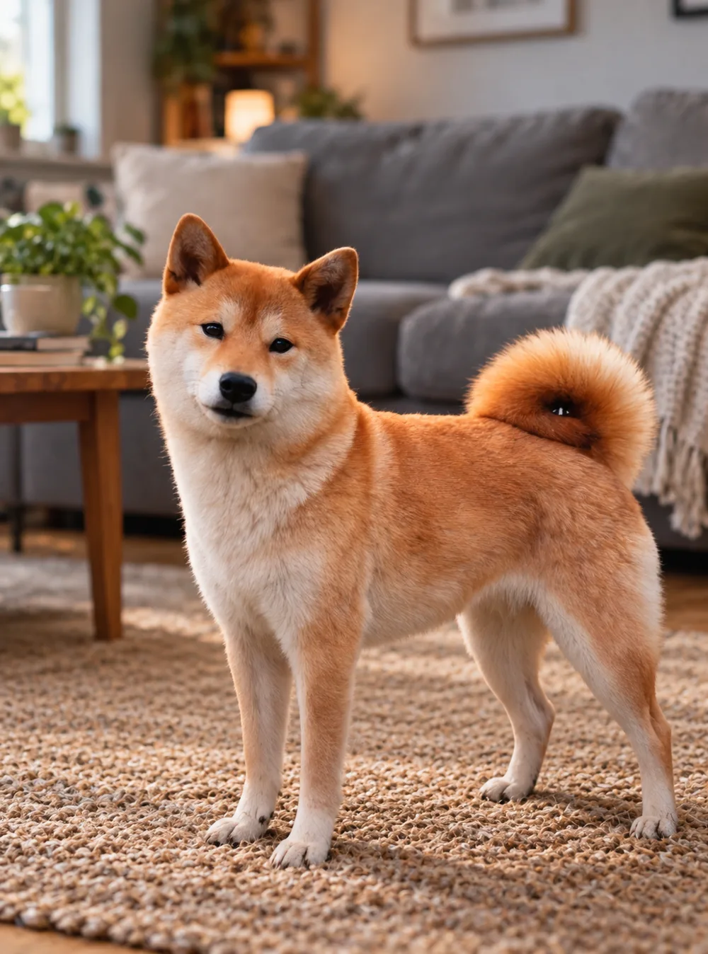 Shippi de Treheu, Shiba Inu femelle fauve, debout dans le salon