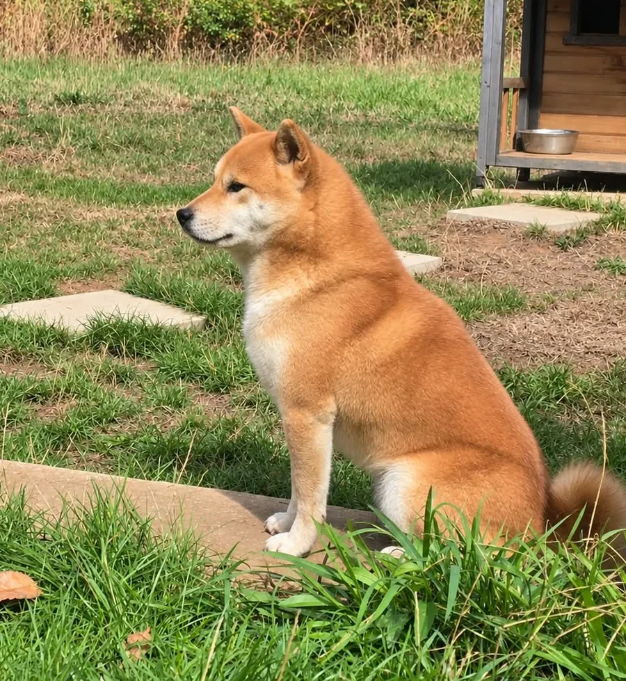 Umka Akai Inu, Shiba Inu mâle de l’élevage, assis dans l’herbe